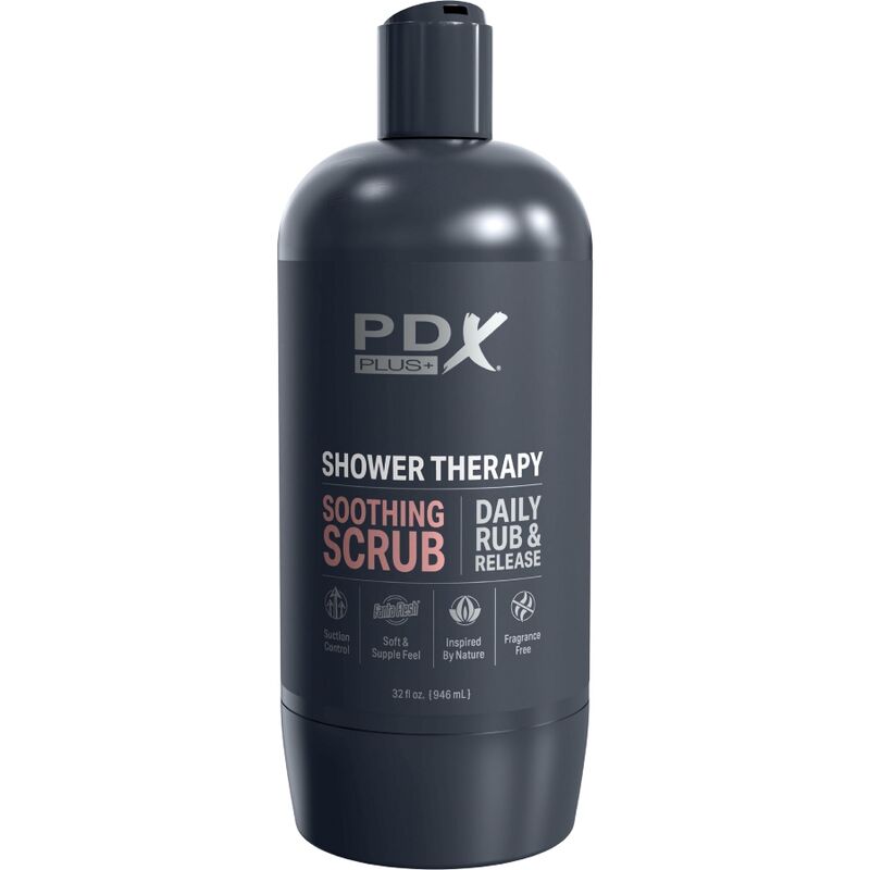 Masturbatore stroker PDX PLUS+ con design discreto a forma di bottiglia, con scrub lenitivo e shampoo Candy.