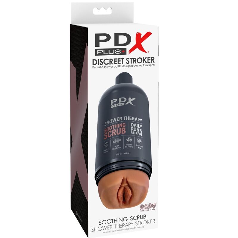Masturbatore stroker PDX PLUS con design discreto e bottiglia, shampoo lenitivo al sapore di caramella, prodotto per il benessere intimo