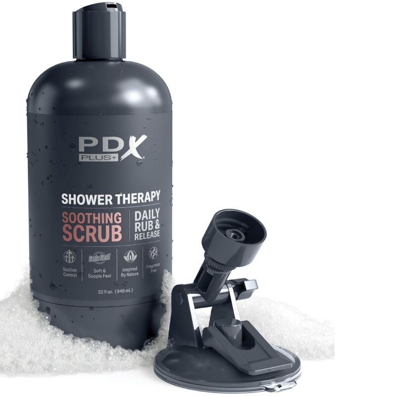 Masturbatore Stroker PDX PLUS+ con design discreto, bottiglia, scrub lenitivo e shampoo Candy, in confezione compatta.
