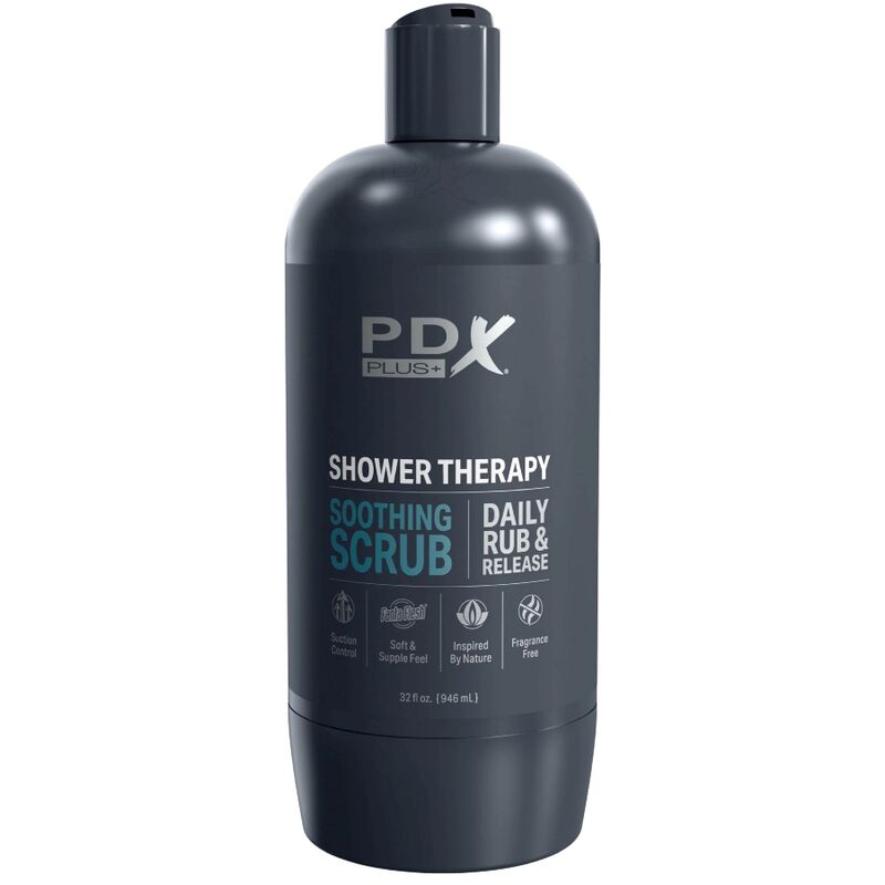 Shampoo scrub lenitivo PDX PLUS+ in bottiglia dal design discreto, prodotto per cura e igiene intima maschile.