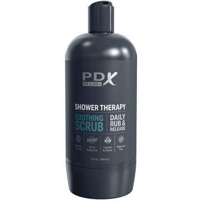Shampoo scrub lenitivo PDX PLUS+ in bottiglia dal design discreto, prodotto per cura e igiene intima maschile.