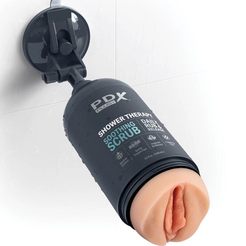 Shampoo scrub lenitivo PDX PLUS+ in bottiglia dal design discreto, ideale per cura personale e benessere intimo