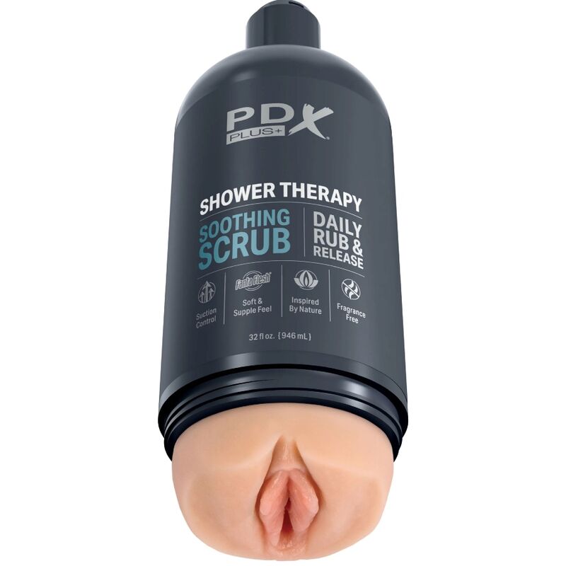 Shampoo scrub lenitivo PDX PLUS+ in bottiglia dal design discreto, ideale per cura e pulizia del masturbator Stroker.
