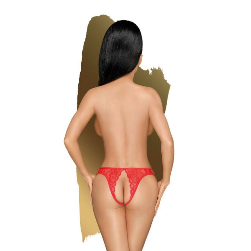 Perizoma nero PENTHOUSE NAUGHTY VALENTINE THONG in taglia S/M, dettagli in pizzo e tessuto morbido, vista frontale.