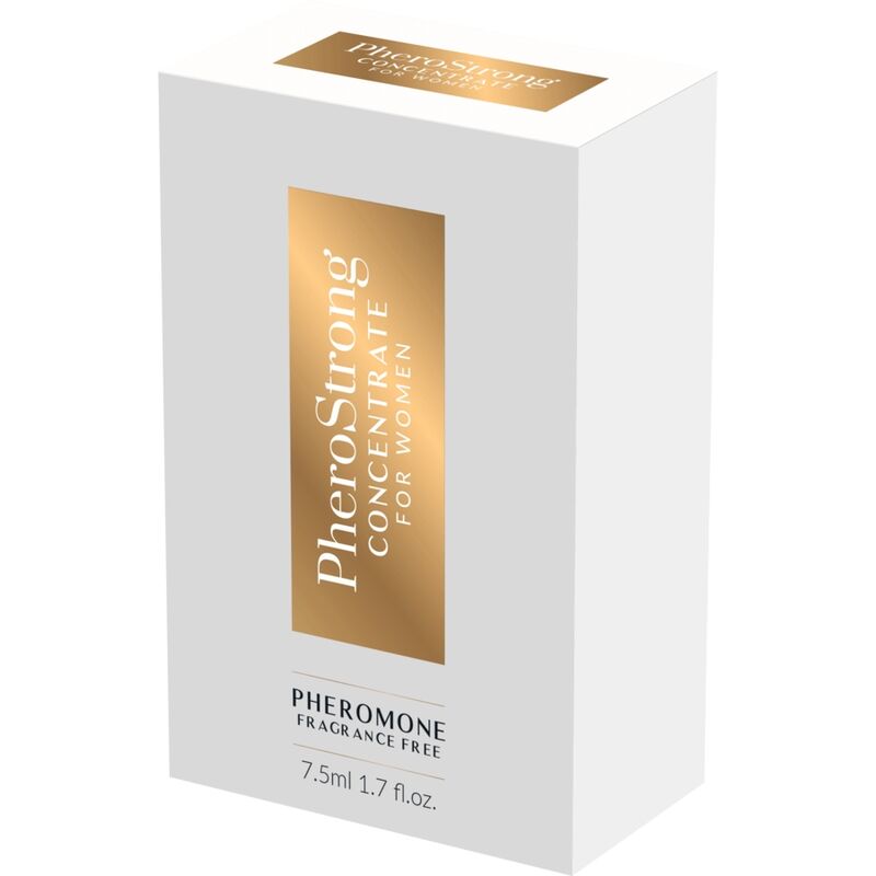 Concentrato profumo per donna Pherostrong da 7,5 ml in bottiglia con etichetta elegante e tappo.