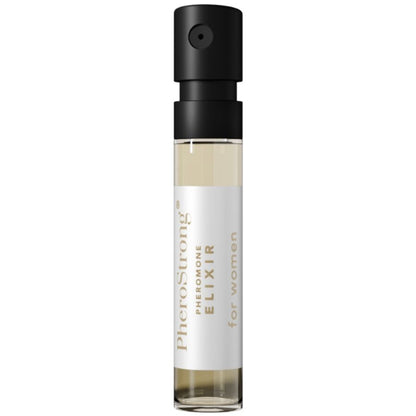 Elisir ai feromoni per donne Pherostrong, flacone da 2 ml con etichetta, promuove attrazione e fascino naturale.