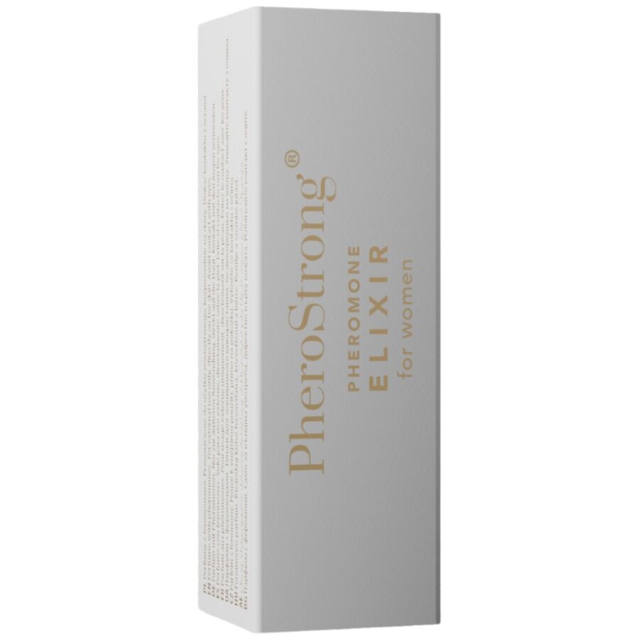 Elisir ai feromoni per donne PHEROSTRONG, flacone da 2 ml con etichetta, pronta per essere applicata.