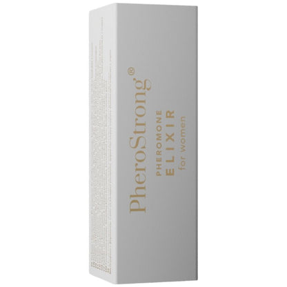 Elisir ai feromoni per donne PHEROSTRONG, flacone da 2 ml con etichetta, pronta per essere applicata.