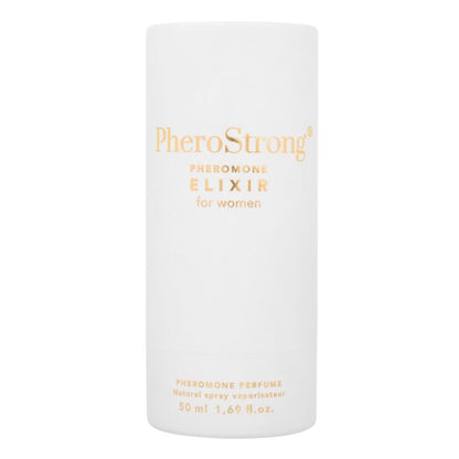 Elisir ai feromoni PHEROSTRONG per donne, bottiglia da 50 ml con etichetta, prodotto per attrazione e seduzione.