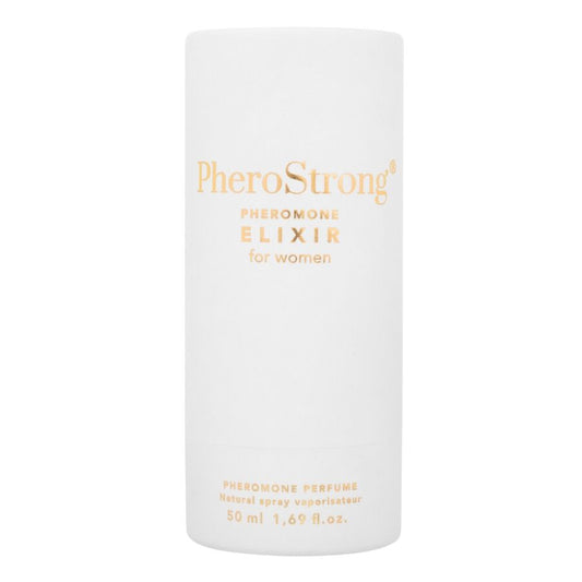Flacone di PHEROSTRONG Elisir AI Feromoni per donne, 50 ml, con etichetta e contagocce visibili in primo piano