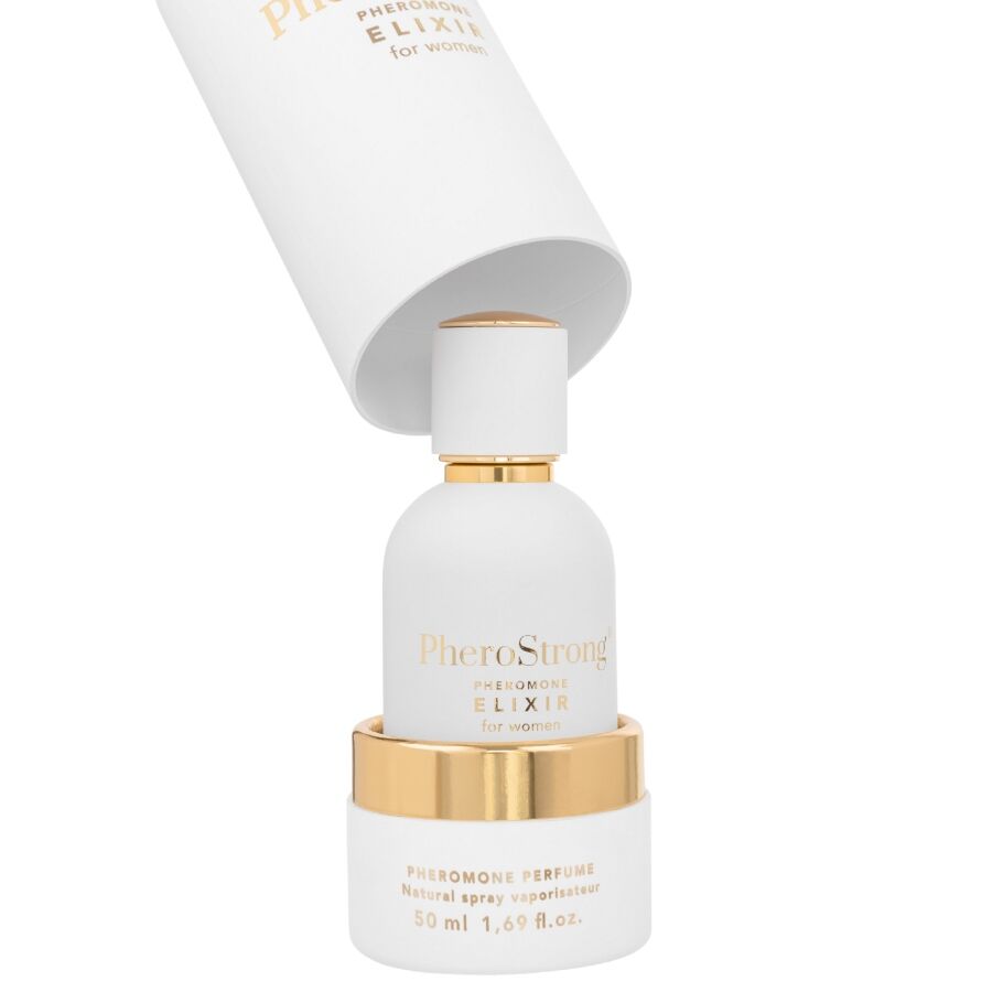 Flacone di 50 ml di Elisir AI Feromoni per Donne di PHEROSTRONG, con etichetta e contagocce, per attrazione e benessere.