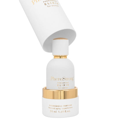 Flacone di 50 ml di Elisir AI Feromoni per Donne di PHEROSTRONG, con etichetta e contagocce, per attrazione e benessere.
