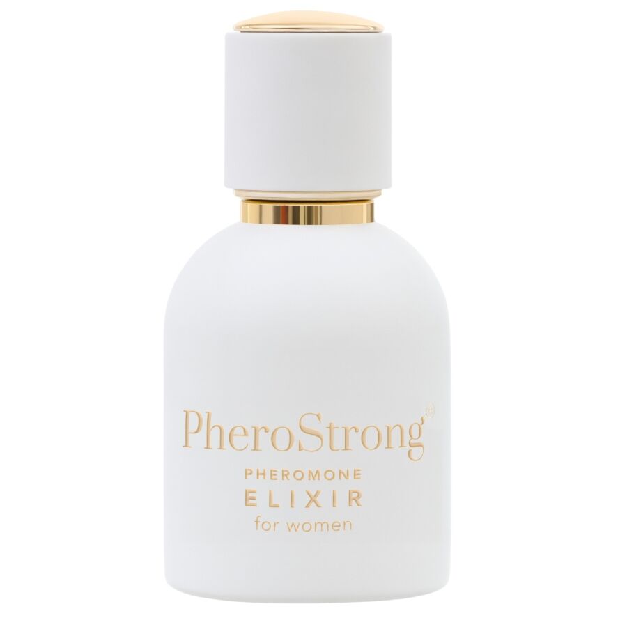 Elisir ai feromoni per donne Pherostrong, bottiglia da 50 ml, con etichetta trasparente e gocce, per attrazione e fiducia.