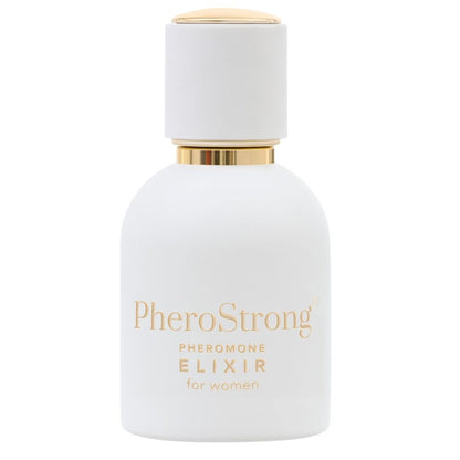 Elisir ai feromoni per donne Pherostrong, bottiglia da 50 ml, con etichetta trasparente e gocce, per attrazione e fiducia.