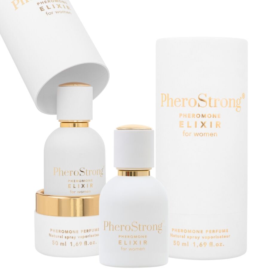 Elisir ai feromoni per donne PHEROSTRONG in flacone da 50 ml, prodotto per attrazione e benessere femminile.