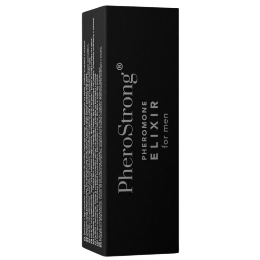 Elisir ai feromoni Pherostrong per uomini, flacone da 2 ml con etichetta bianca e dettagli blu, contenitore compatto e elegante.