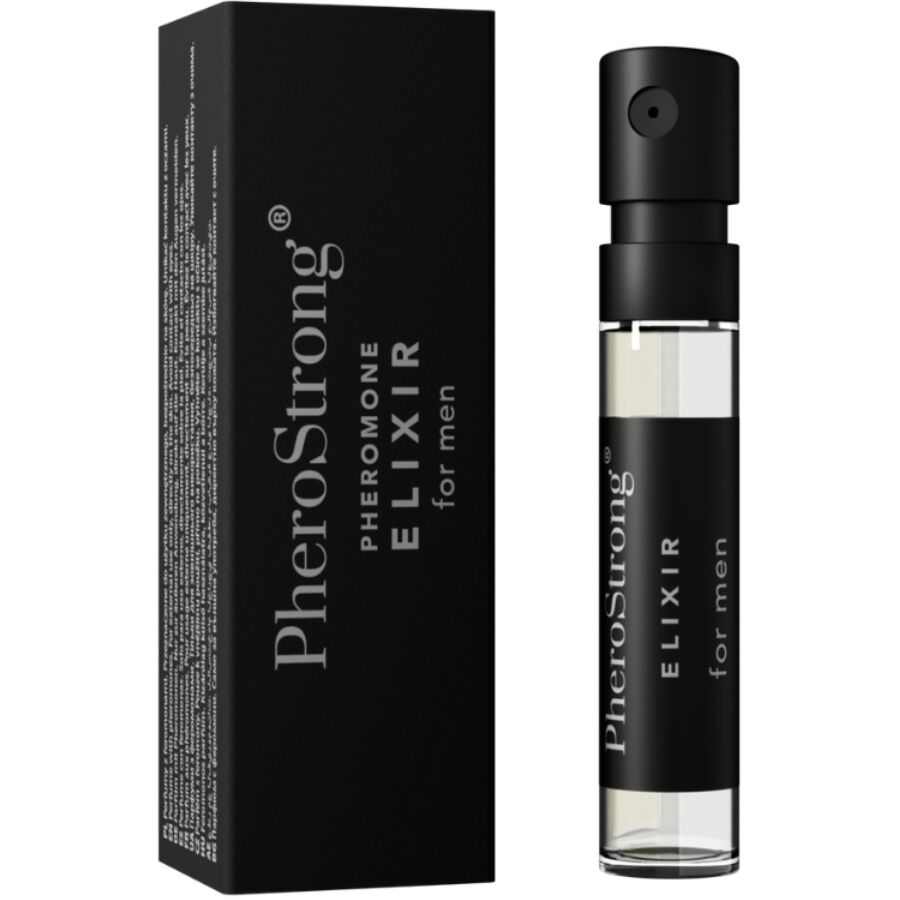 Elisir ai feromoni per uomini PHEROSTRONG, bottiglia da 2 ml con etichetta nera e dettagli dorati, in un contenitore trasparente