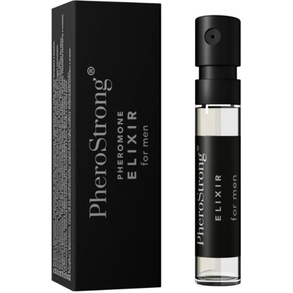 Elisir ai feromoni per uomini PHEROSTRONG, bottiglia da 2 ml con etichetta nera e dettagli dorati, in un contenitore trasparente