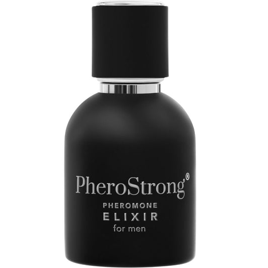 Elisir ai feromoni per uomini PHEROSTRONG in flacone da 50 ml, confezione con bottiglia con contagocce e etichetta.