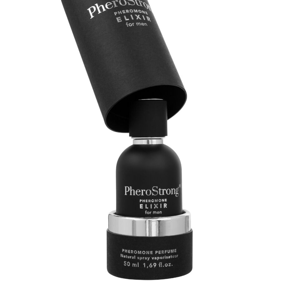 Elišir ai feromoni per uomini PHEROSTRONG, flacone da 50 ml, confezione con etichetta e gocce visibili.