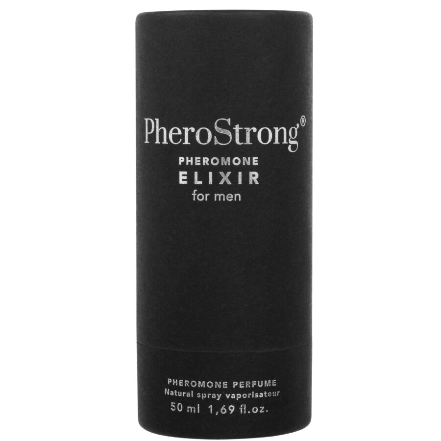 Elisir AI feromoni per uomini PHEROSTRONG, flacone da 50 ml con etichetta, mostrando il prodotto in primo piano.