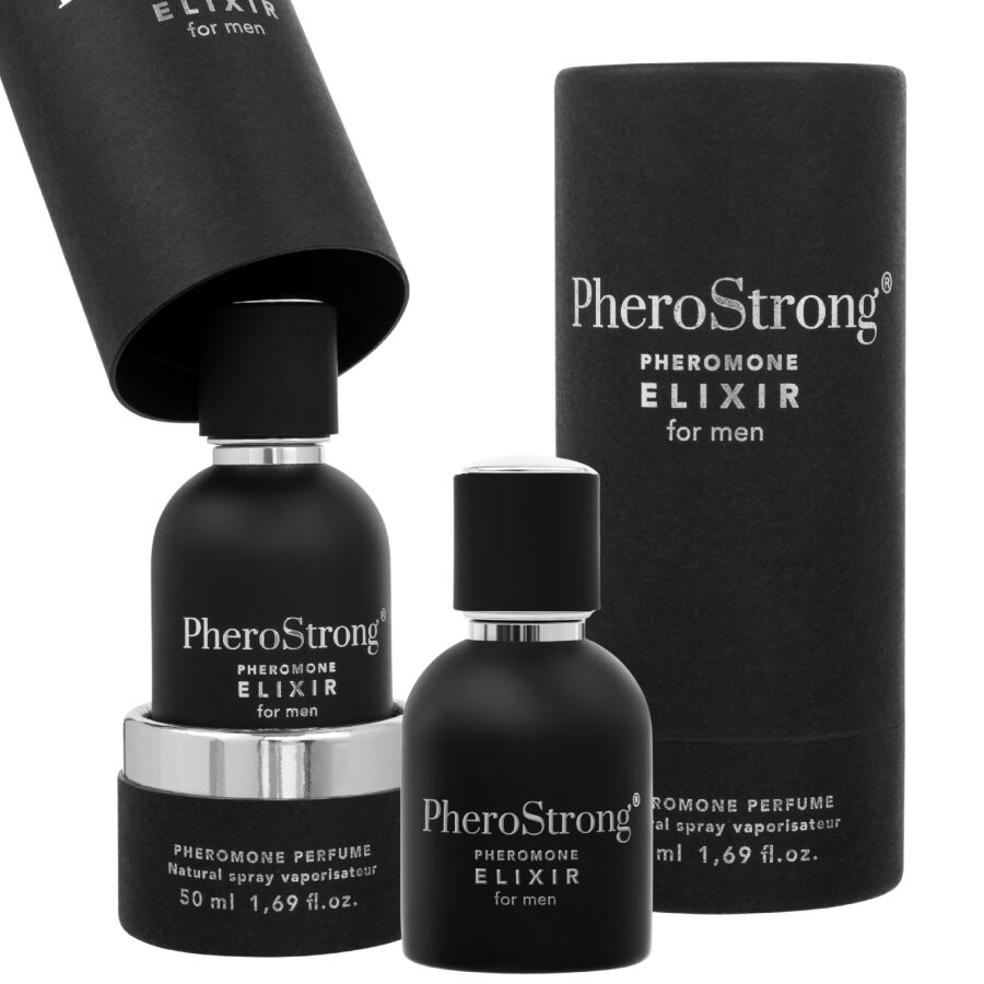 Elisir di feromoni PHEROSTRONG per uomini, flacone da 50 ml, con etichetta blu e dettagli di confezione.