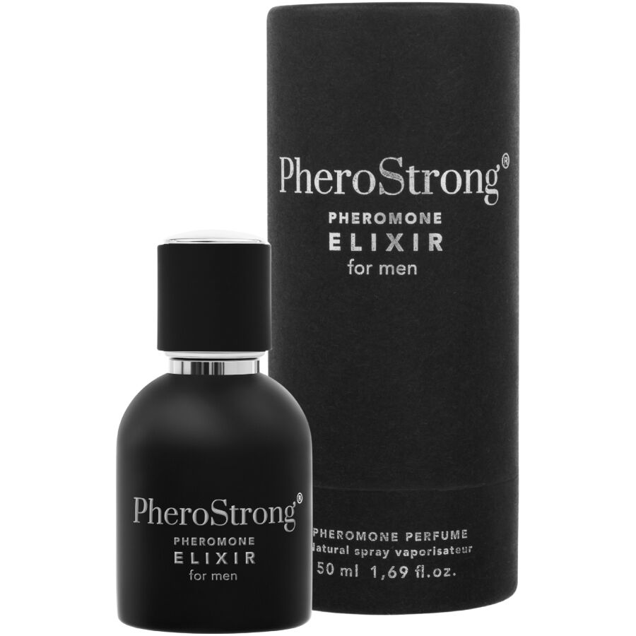 Elisir ai feromoni Pherostrong per uomini, flacone da 50 ml, con bottiglia e etichetta visibile.