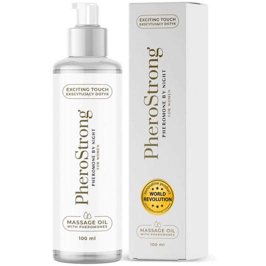 Olio da massaggio notturno PHEROSTRONG per donne, bottiglia da 100 ml con etichetta bianca e dettagli verdi.