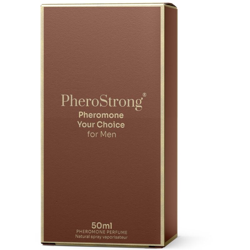 Profumo Pherostrong ai feromoni per uomo, flacone da 50 ml con etichetta moderna e elegante.