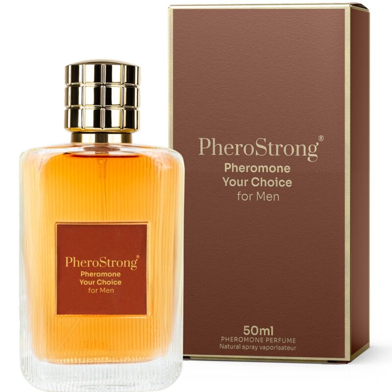 Profumo ai feromoni Pherostrong per uomo, flacone da 50 ml con spray, eleganti dettagli e confezione moderna.