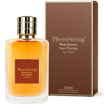 Profumo ai feromoni Pherostrong per uomo, flacone da 50 ml con spray, eleganti dettagli e confezione moderna.