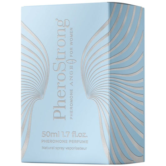 Profumo Pherostrong Angel da donna con feromoni, bottiglia da 50 ml con flacone elegante e design moderno.