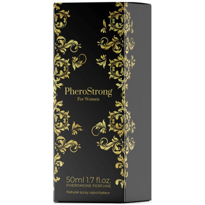 Profumo ai feromoni da donna Pherostrong, flacone da 50 ml con etichetta elegante e spray per attrazione e seduzione