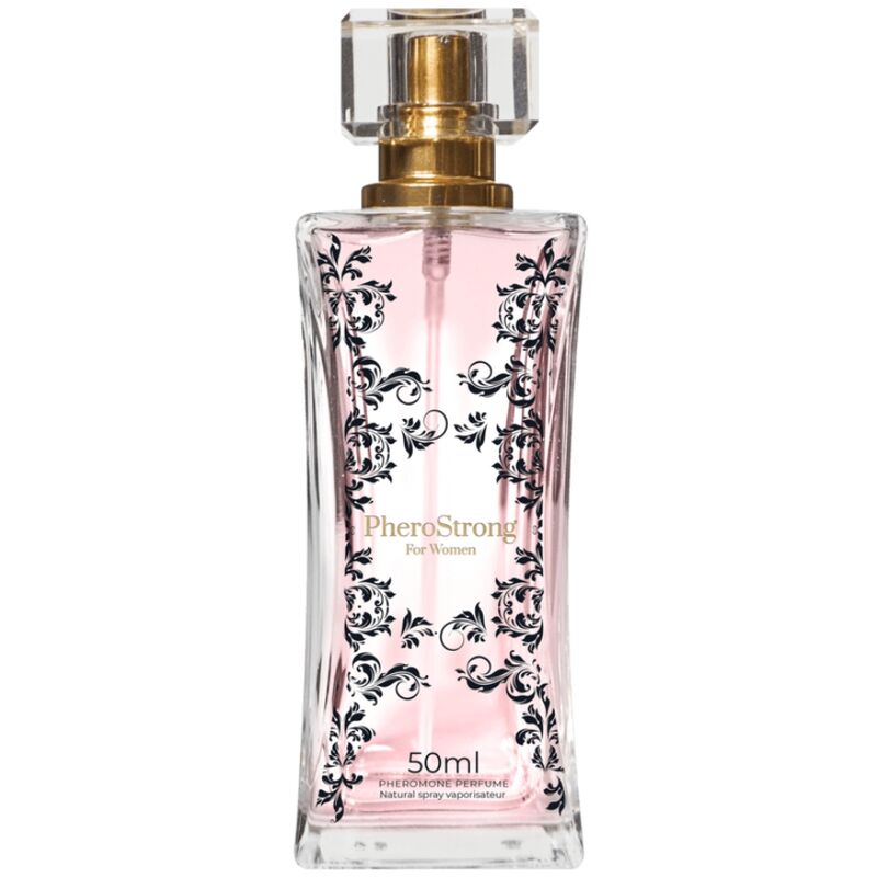 Profumo ai feromoni da donna PHEROSTRONG, flacone da 50 ml, con etichetta e spray, ideale per attrarre e affascinare.