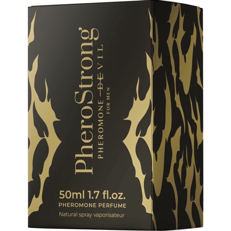 Profumo per uomo Pherostrong Devil con feromoni, flacone da 50 ml, confezione elegante e design moderno.