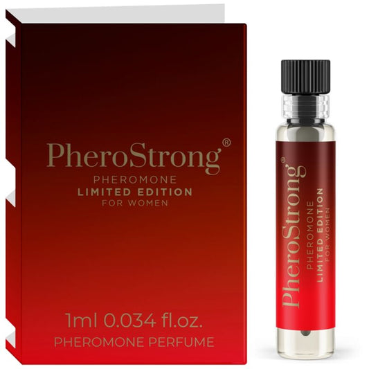 Profumo ai feromoni PHEROSTRONG edizione limitata da donna, 1 ml, bottiglia elegante e compatta.