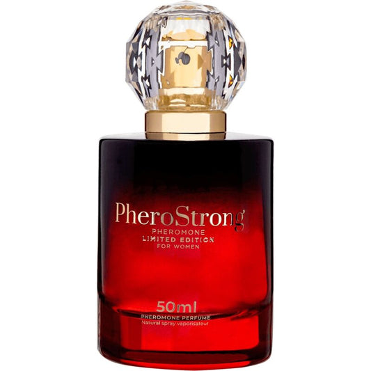 Profumo femminile Pherostrong ai feromoni, edizione limitata, in bottiglia da 50 ml, con etichetta e spray visibile.