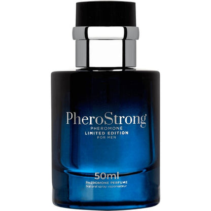 Profumo PheroStrong ai feromoni per uomo, edizione limitata, bottiglia da 50 ml, confezione elegante e moderna.