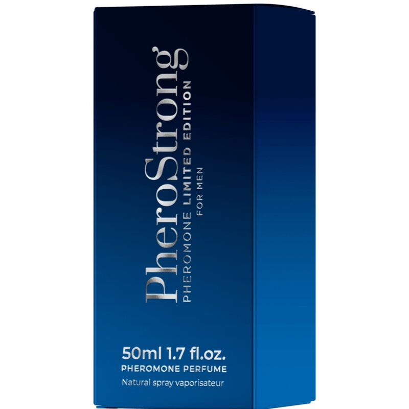 Profumo Pherostrong ai feromoni edizione limitata per uomo, bottiglia da 50 ml, con flacone elegante e dettagli del packaging