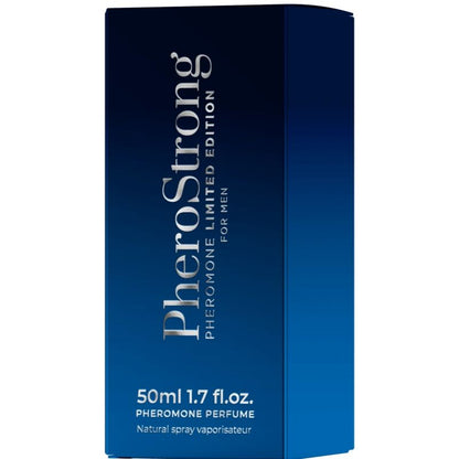 Profumo Pherostrong ai feromoni edizione limitata per uomo, bottiglia da 50 ml, con flacone elegante e dettagli del packaging