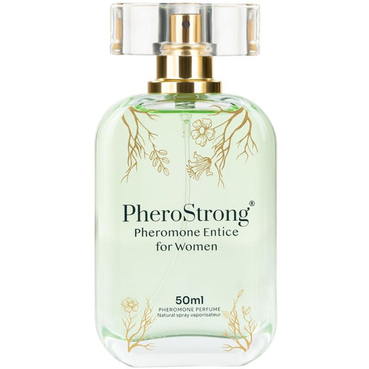 Profumo ai feromoni Pherostrong Entice da donna, flacone da 50 ml, con confezione elegante e design moderno.