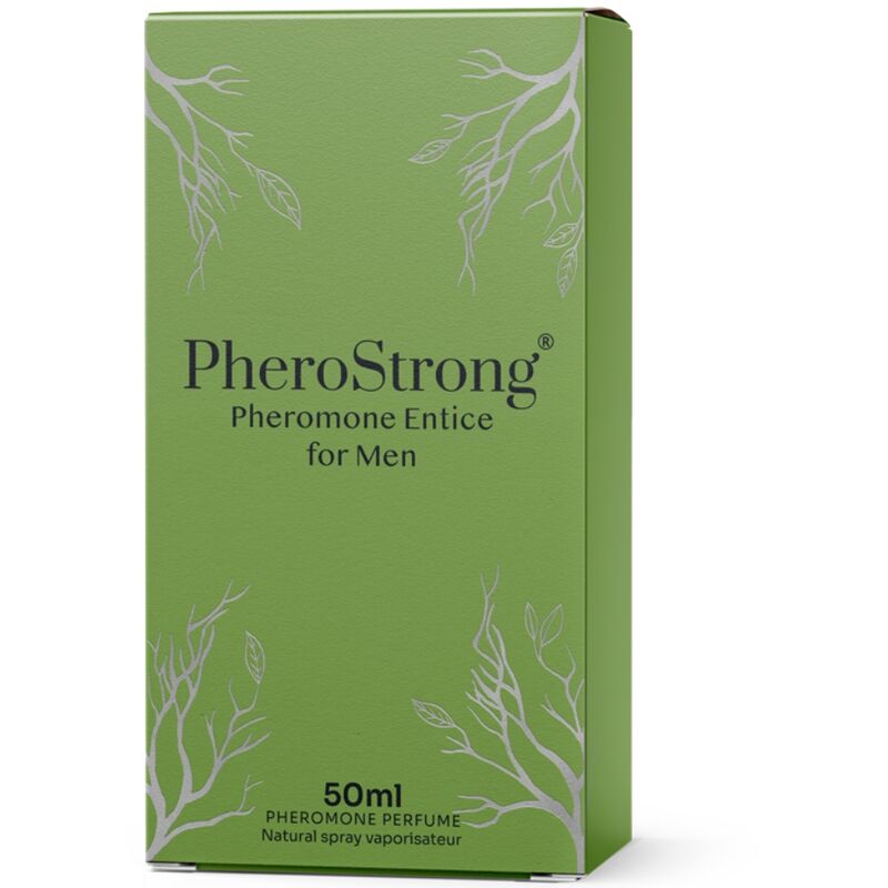 Profumo PheroStrong Entice per uomo, 50 ml, con feromoni, bottiglia elegante e design moderno visibile nell'immagine.