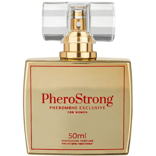 Profumo ai feromoni PHEROSTRONG per donna, bottiglia da 50 ml, con flacone elegante e design esclusivo.