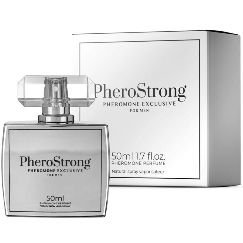 Profumo PheroStrong ai feromoni per uomo, flacone da 50 ml con etichetta nera e dettagli eleganti.