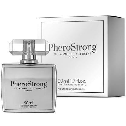 Profumo PheroStrong ai feromoni per uomo, flacone da 50 ml con etichetta nera e dettagli eleganti.