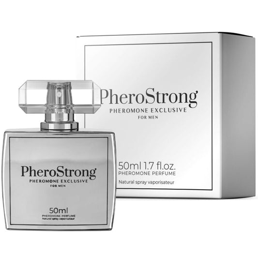 Profumo PheroStrong ai feromoni per uomo, flacone da 50 ml con etichetta nera e dettagli eleganti.
