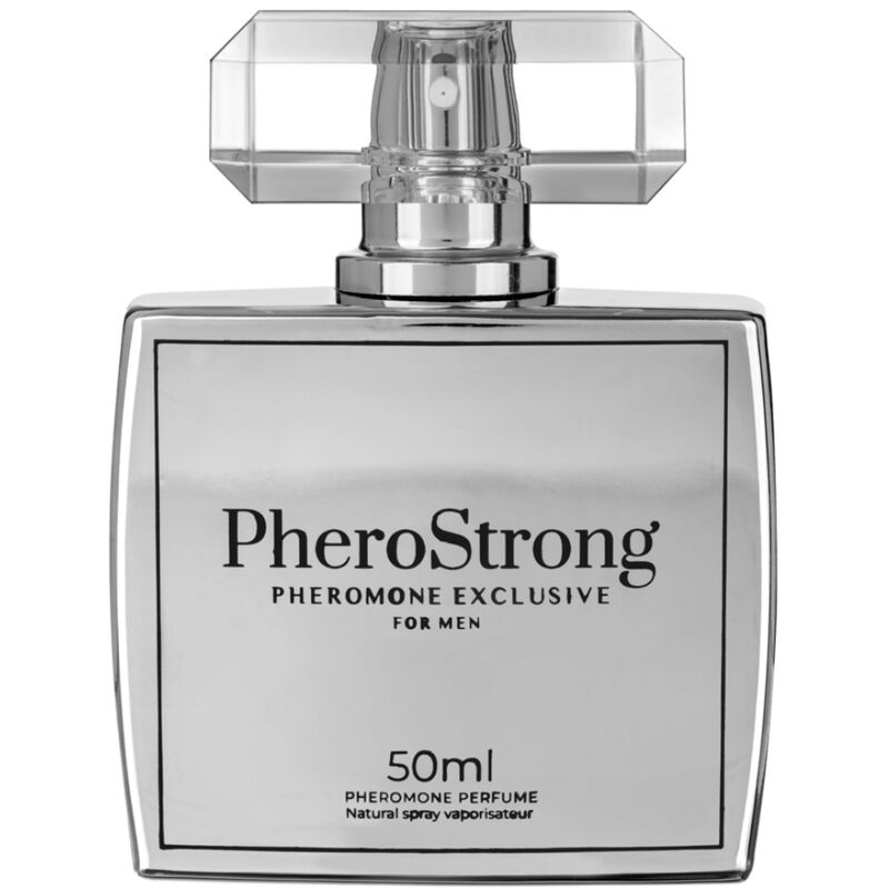 Profumo PheroStrong ai feromoni per uomo, flacone da 50 ml, con etichetta e spray visibile, design elegante e moderno.
