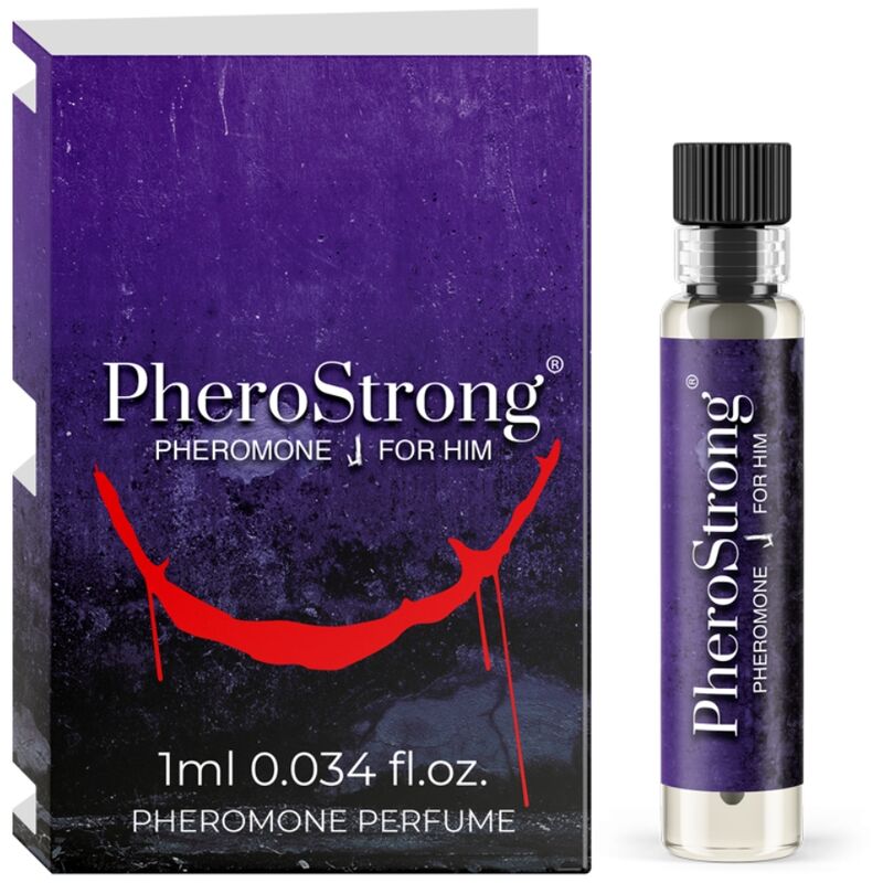 Profumo ai feromoni Pherostrong per lui, flacone da 1 ml con etichetta e contenuto visibile in immagine.
