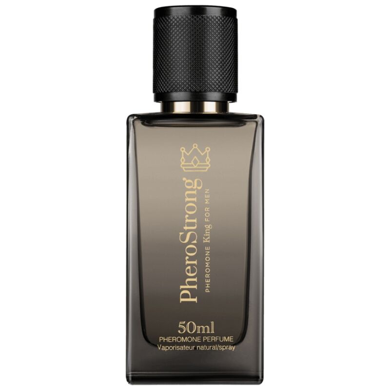 Profumo ai feromoni King di Pherostrong per uomo, flacone da 50 ml con etichetta e spray, ideale per attrarre e sedurre.