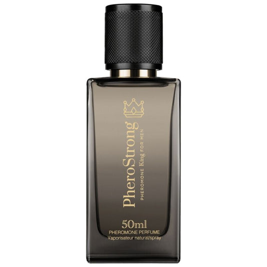 Profumo ai feromoni King di Pherostrong per uomo, flacone da 50 ml con etichetta e spray, ideale per attrarre e sedurre.